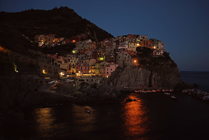 Italia, lys, natt, seaside, landsbyen, sjøen, kystlinje