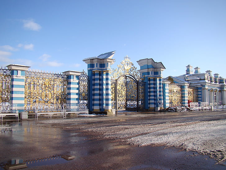 het paleis ensemble Tsarskoje selo, Rusland, hek, Gate, patroon, Grille, winter
