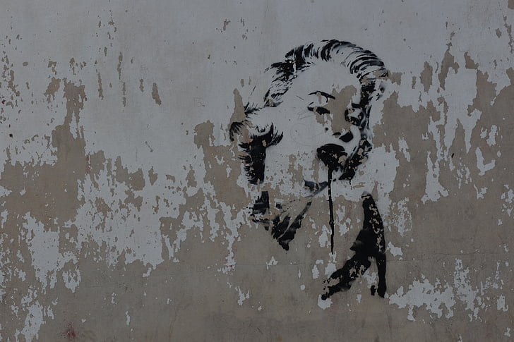 Marilyn monroe, stencil, väggmålning, grafitti, spray, smutsiga, bakgrunder