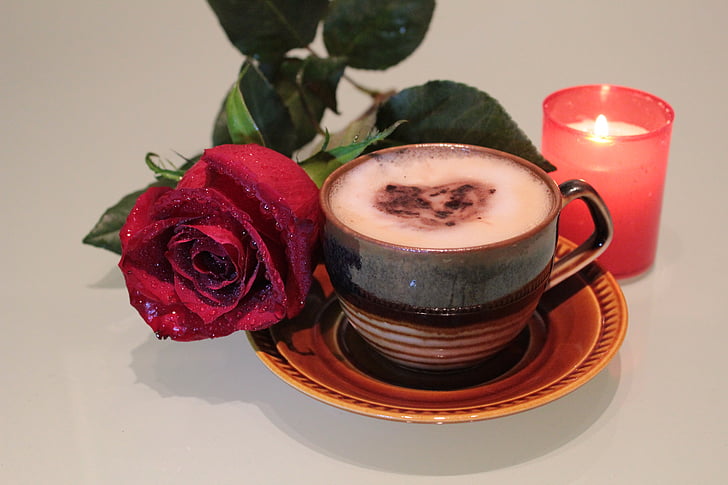 rose, coffee, cup, foam, drink, candle, freshness