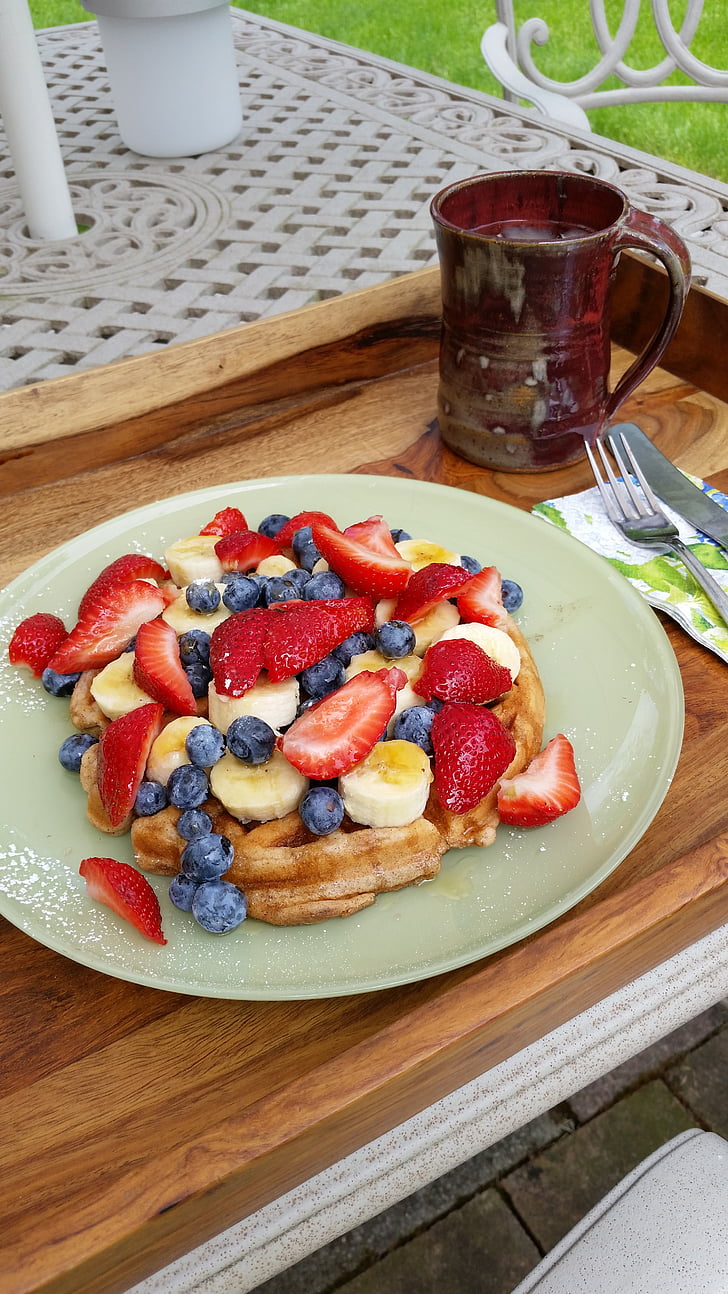breakfast, waffle, fruit, fresh fruit, strawberries, blueberries, bananas