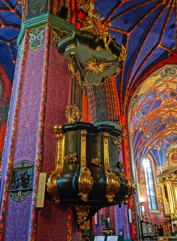 Bydgoszcz, Cathedral, interiér, kazateľnica, kostol, farebné, dekor