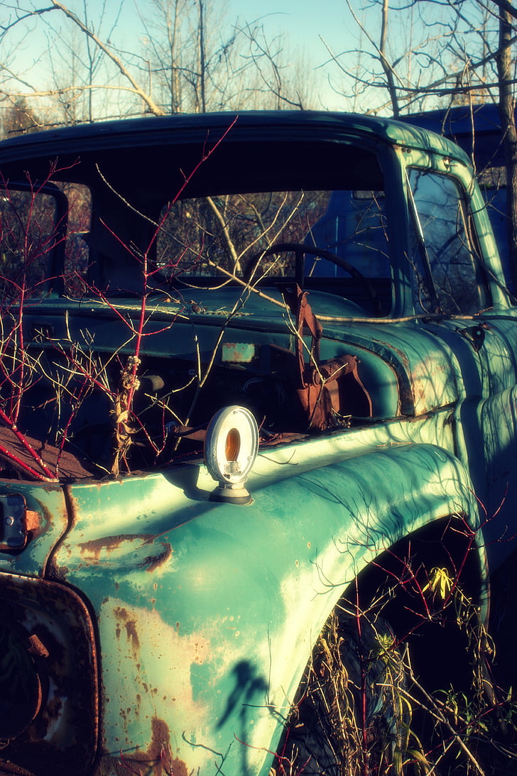 salvage yard, car, wreck, vintage, old, broken, red