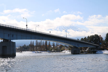 japan, mt, lake, bridge, winter, water, nature