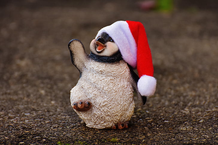 penguin, figure, christmas, santa hat, decoration, funny, animal