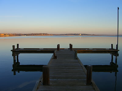 lake, pier, reflexion, nature, sunset, sea, jetty