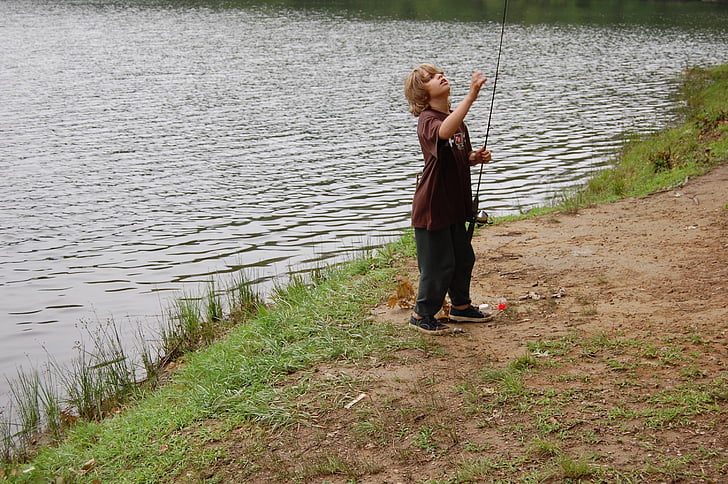 young, boy, fishing, river, lake, nature, water