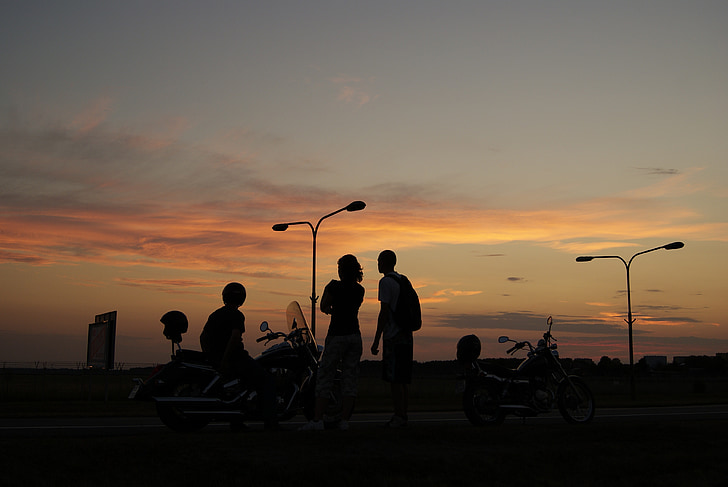 people, motorbike, sunset, chopper, travel, young, silhouette