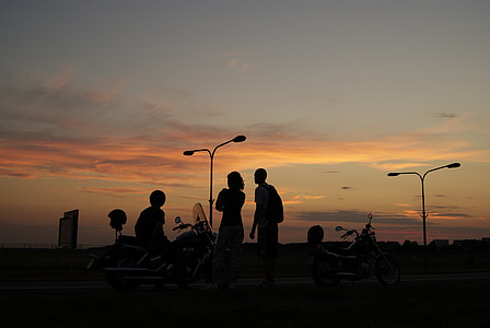 persones, moto, posta de sol, en Chopper, viatges, jove, silueta