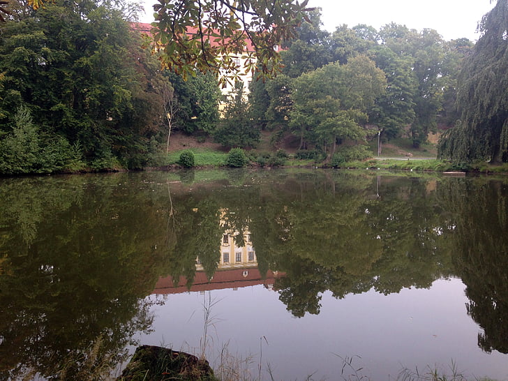 Llac, l'aigua, reflectint, Banc, arbre, natura, Villa