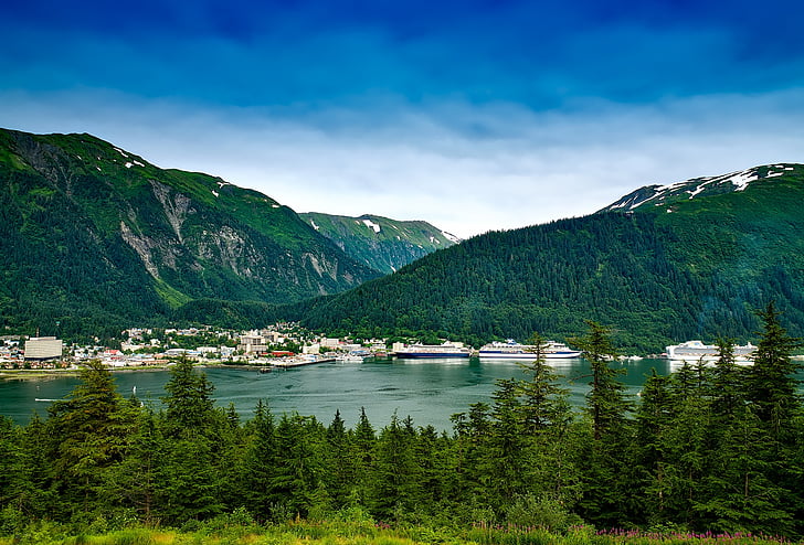 Juneau, Alaska, città, città, urbano, vista, montagne
