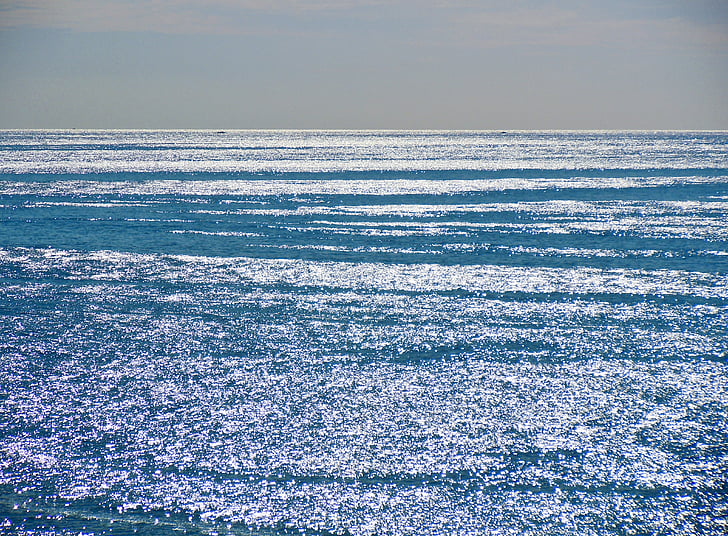 jūras ainava, ūdens, pārdomas, debesis, zila, saules gaismā, jūras