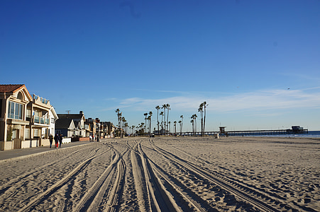 california, tire tracks, usa, shore, ocean, beach, sky