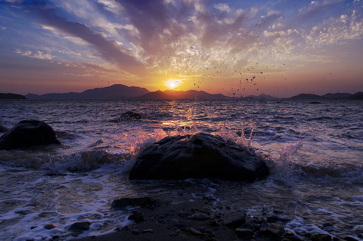 coucher de soleil, la mer, hauts-fonds, silhouette, contraste élevé, mer, réflexion