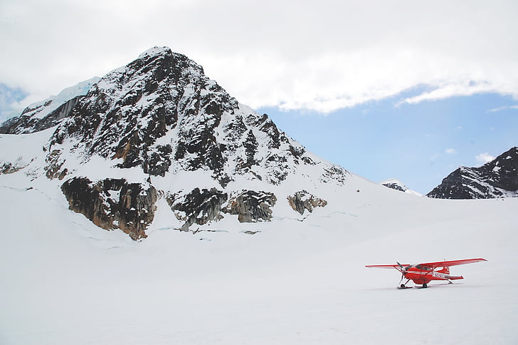airplane, glacier, mountains, red, wings, propeller, snow