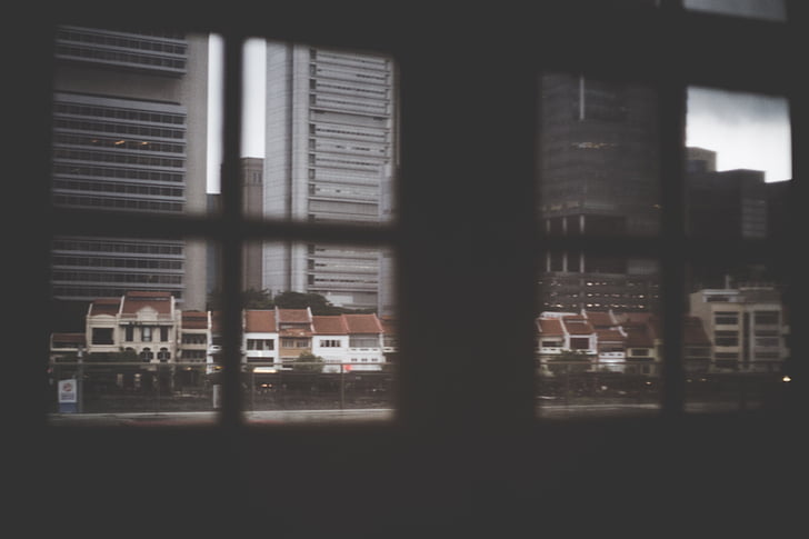 sombre, silhouette, fenêtre de, architecture, bâtiments, scène urbaine