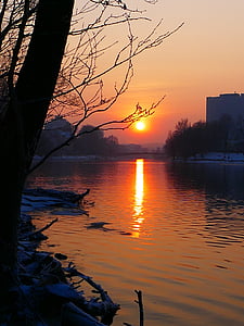 solnedgång, vinter, vatten, floden, abendstimmung, spegling, solen