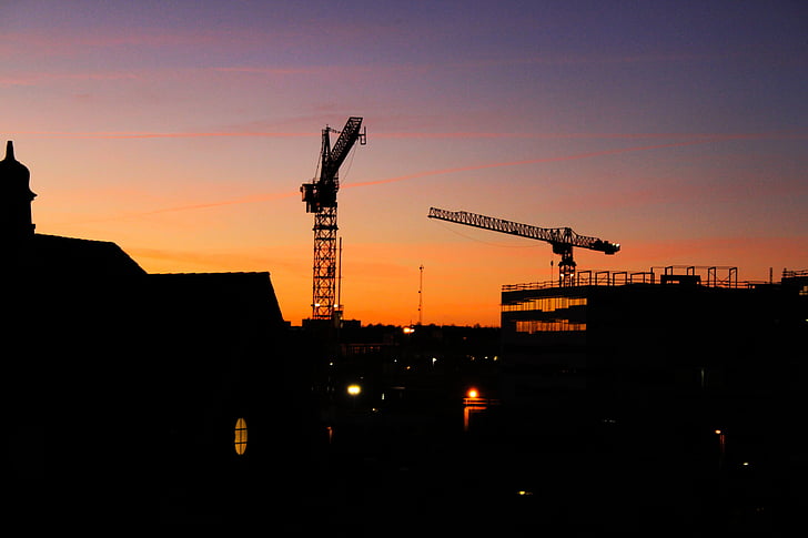 silhouette, crane, sun, set, architecture, building, infrastructure