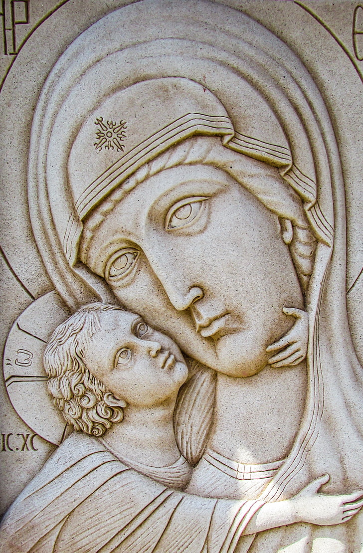 engraving, virgin mary, wall, church, stone, religion, architecture