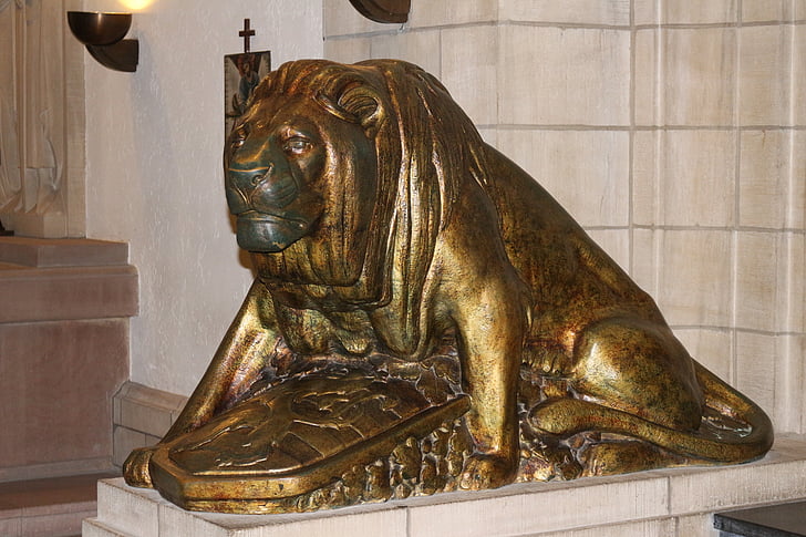 Leeuw, standbeeld, beschermer, metaal, bewakers, bronzen beeld