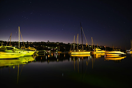 Spit bridge, Sydney, Australien, båtar, Dawn, stjärnor, hamnen