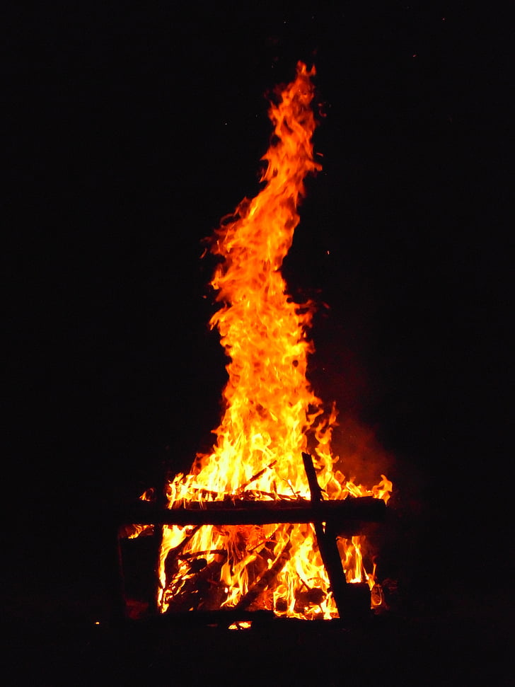 огън, избухване на, пламък, дим, дървен материал, нощ, пламъци