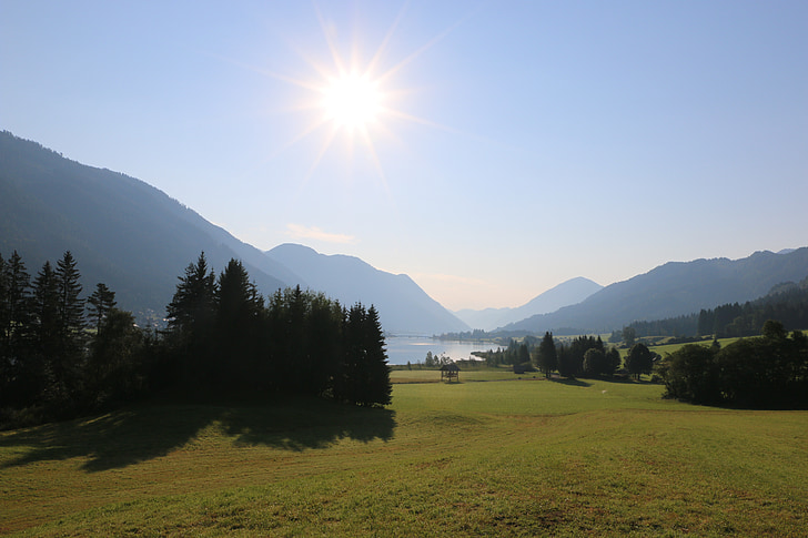 kraj, Jezioro, widokiem na Las, góry, Latem, Austria, Weissensee
