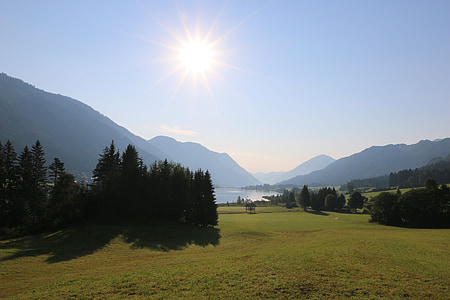 země, jezero, výhledem na Les, Hora, léto, Rakousko, Weissensee