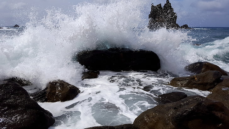 tenger, hullám, víz, köves strand, sziklás öböl, Tenerife, Playa de benijo