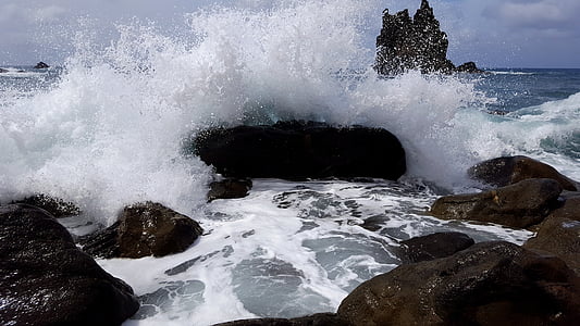 sea, wave, water, stone beach, rocky bay, tenerife, playa de benijo