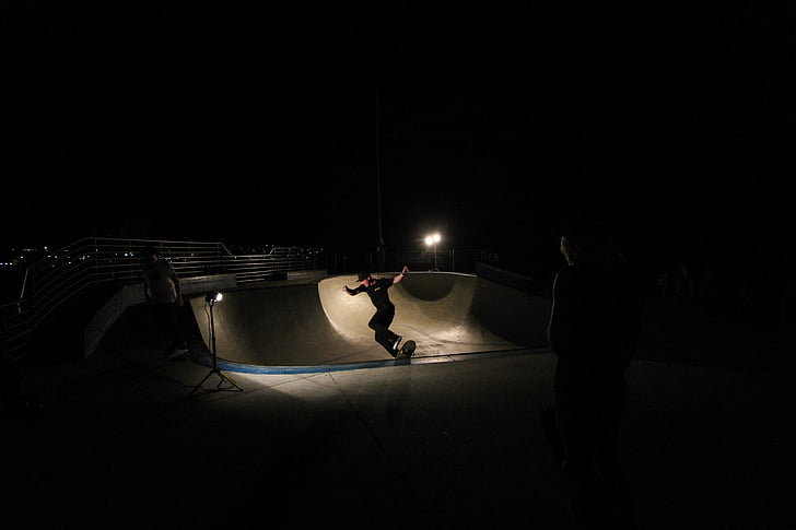 человек, скейтборд, трюки, ночь, время, скейтборд парк, свет