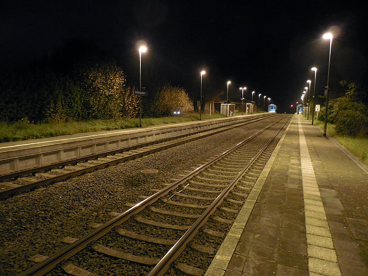 železnice, sledování, železnice, vlakem, železniční stanice, nekonečno, noční