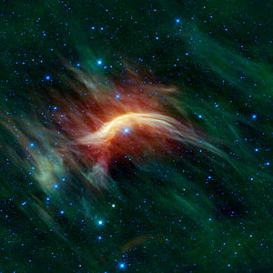 Zeta ophiuchi, Runaway star, bugenwelle interstellaire, star de la randonnée, vent stellaire, pare-chocs avant, vert