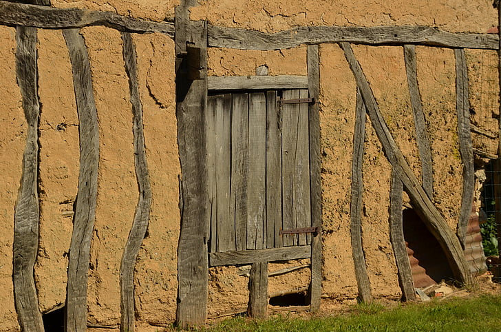 pared, entramado de madera, madera, bar, puerta, caducado, arcilla