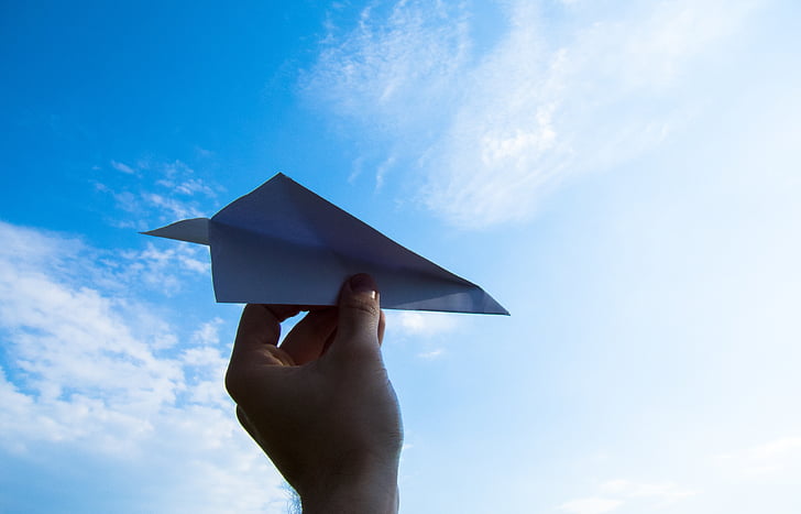 paper plane, the hand, sky, throw, clouds, paper, the plane