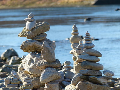 cairn, water, river, stones, stone tower, coast, balance