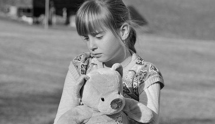 bambino, ragazza, Teddy bear, triste, riflessivo