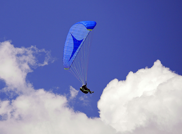 paraglider, blue-in-blue, sky, clouds, paragliding, suspension wires, control cables