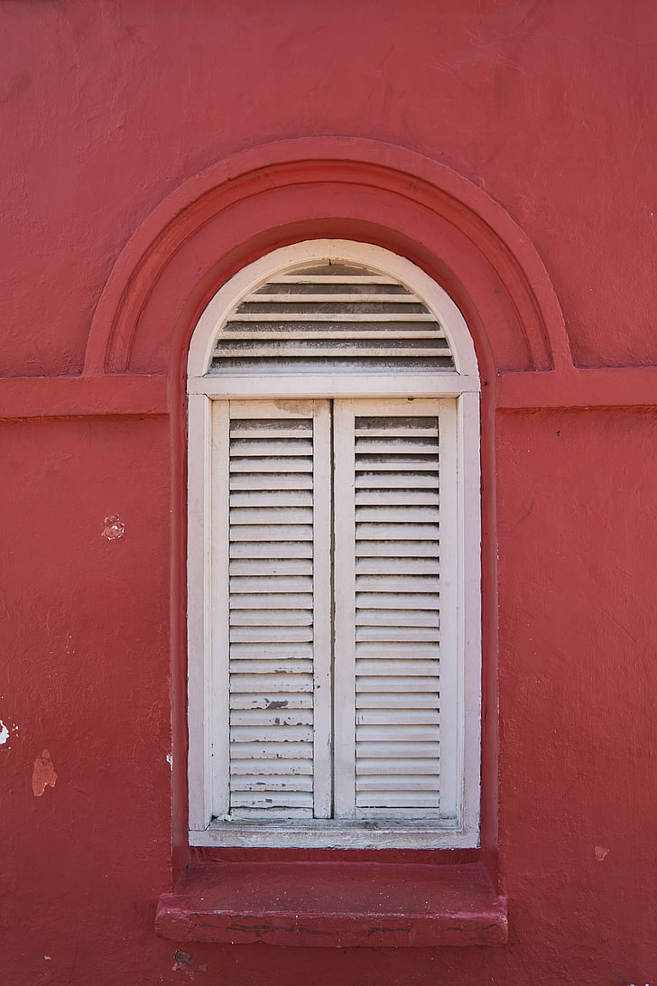 window, white, red, houses, on, old, composition