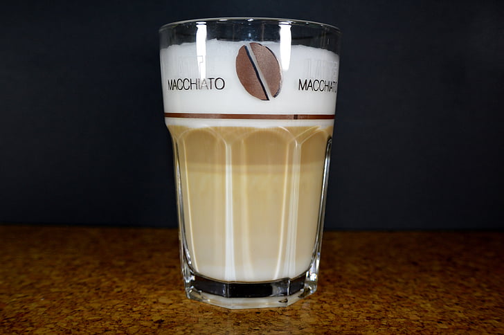 café, vidro, beneficiar de, bebida, latte macchiato, espuma