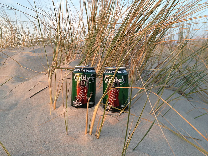 canettes de bière, plage, dune, à l’extérieur