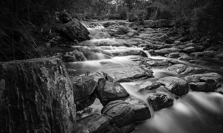 black-and-white, creek, landscape, nature, river, rocks, stream