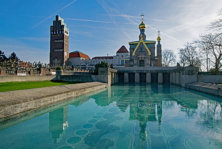 Darmstadt, Hessen, Tyskland, mathildenhöhe, jugendstil, fem fingre tower, russiske kapell