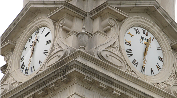two clocks, clocks, night cometh, architecture, time, time keeping, church