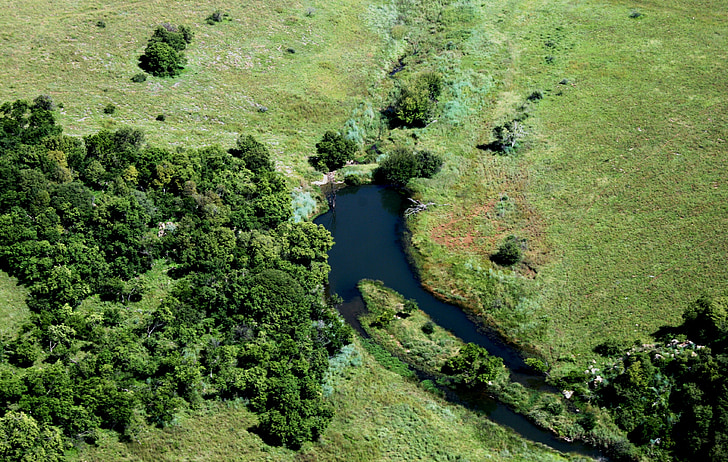 aerial shot, green, grass, water, dam, thick bush, nature