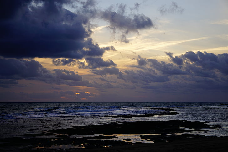cel, posta de sol, núvols, Mar, natura, platja, núvol - cel