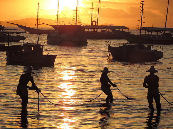 boat, worker, fishing, sea, sunset, sky, bay