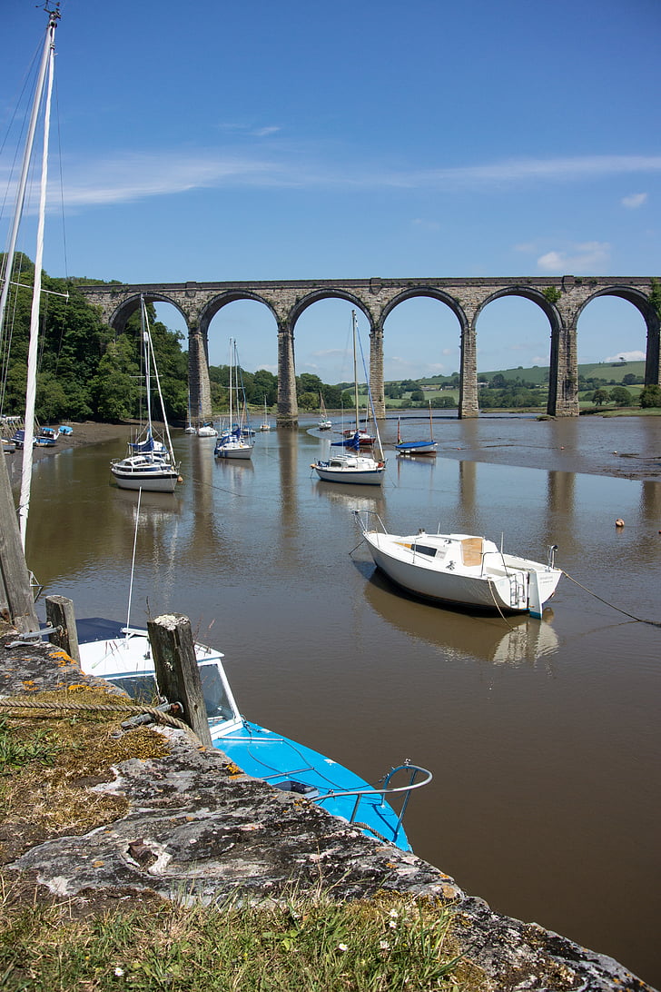 viaduct, river, boats