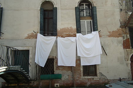 Venetsia, kuivaus, liinavaatteet, ikkuna, arkkitehtuuri, Pesula