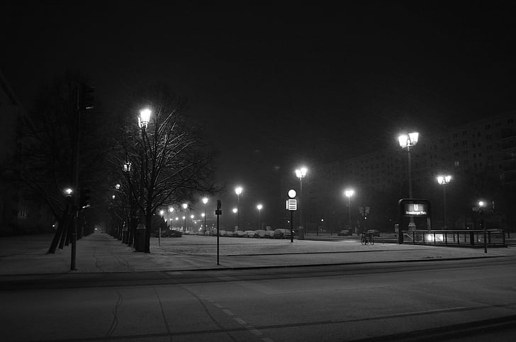 Berlim, à noite, cidade, Berlim à noite, Inverno, rua, cena urbana
